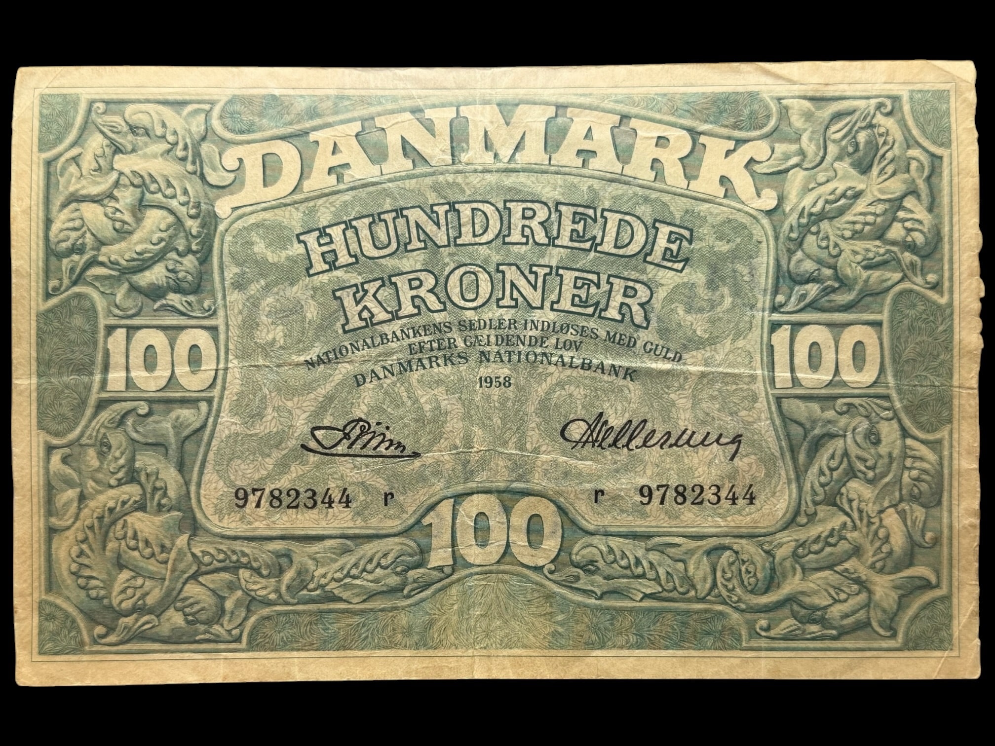 100 kroner 1958 r, Riim/Hellerung, Nr. 9782344, Sieg 126, DOP 135, Pick 39, Kva. 1-1+