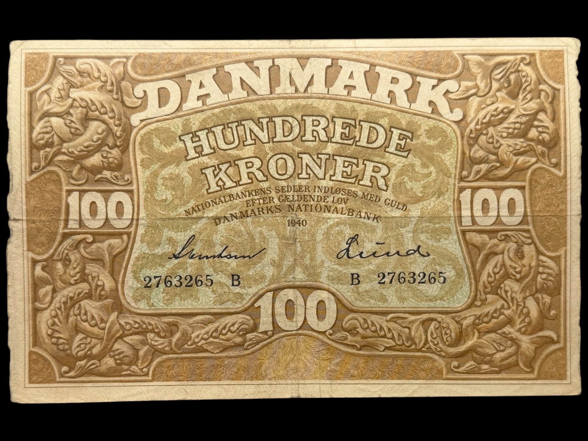 100 kroner 1940 B, Svendsen/Lund, Nr. 2763265, Sieg 111, DOP 126, Pick 33, Kva. 1