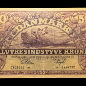 50 kroner 1954 m, Riim/Pugh, Nr. 7828332, Sieg 124, DOP 133, Pick 38, Kva. 1+ let misfarvet