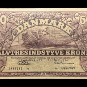 50 kroner 1954 m, Riim/Matthiasen, Nr. 6886787, Sieg 124, DOP 133, Pick 38, Kva. 1-1+ lille 4 mm rift