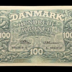 100 kroner 1960 m, Riim/A. Hansen, Nr. 4943810, Sieg 124, DOP 135, Pick 39, Kva. 1+-01 lille 3 mm rift