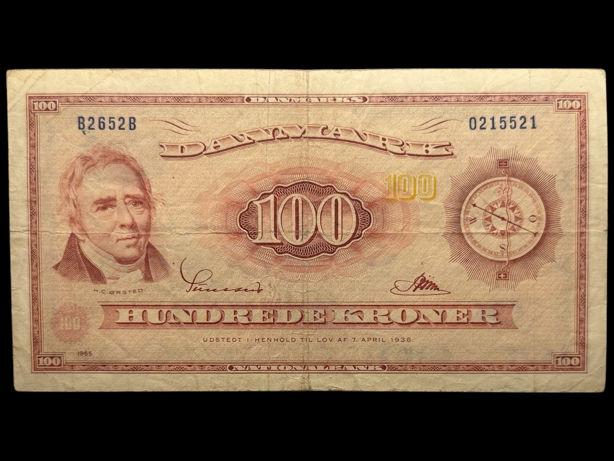 100 kroner 1965 B2, Riim/Sunesen, Nr. 0215521, Sieg 137, DOP 146, Pick 46, Kva. 1