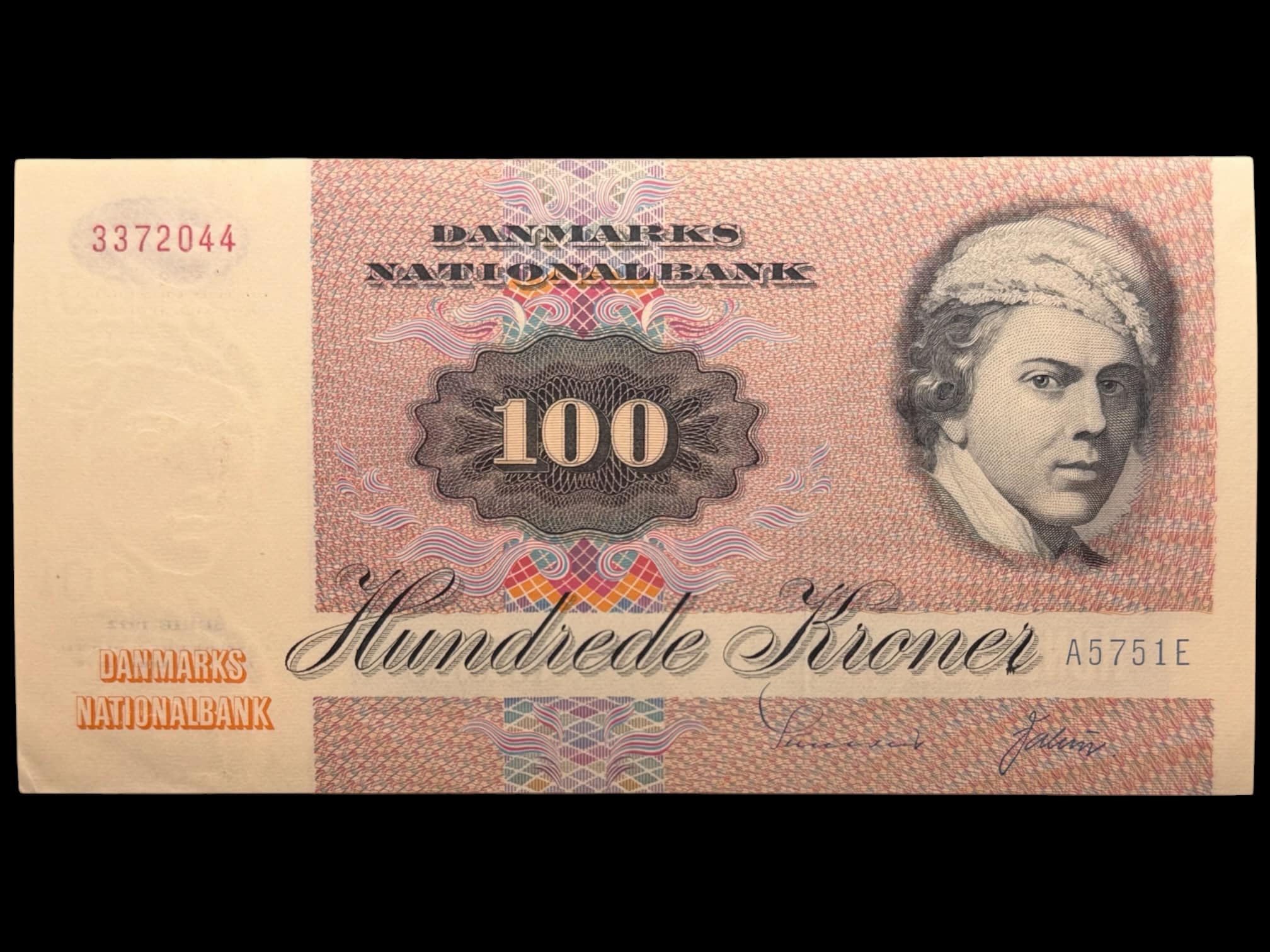 100 kroner 1975 A5, Valuer/Sunesen, Nr. 3372044, Sieg 142, DOP 151, Pick 51, Kva. 0