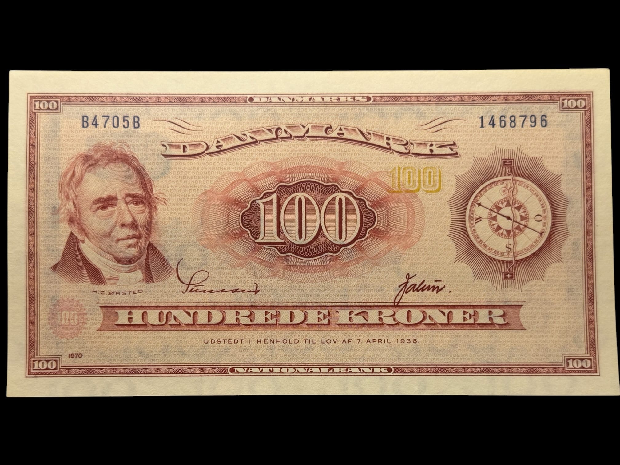 100 kroner 1970 B4, Valuer/Sunesen, Nr. 1468796, Sieg 137, DOP 146, Pick 46, Kva. 01