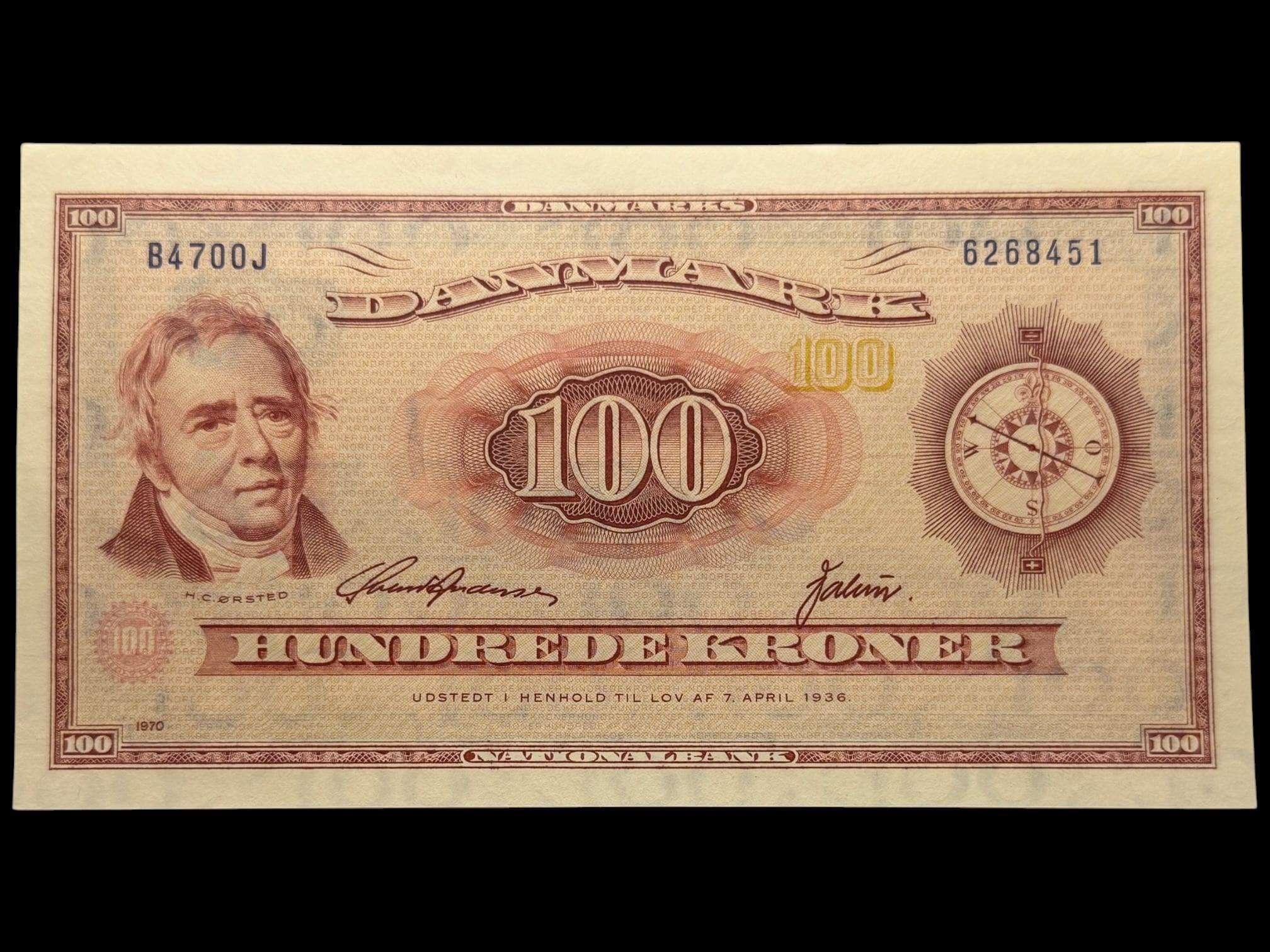 100 kroner 1970 B4 0J, Valuer/Svend Andersen, Nr. 6268451, Sieg 137, DOP 146, Pick 46, Kva. 01