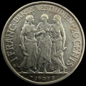 Dansk Vestindien, 20 cents / 1 Franc 1907, Fre.VIII, Sieg 33. Hede 39, KM 81, Kva. 1+