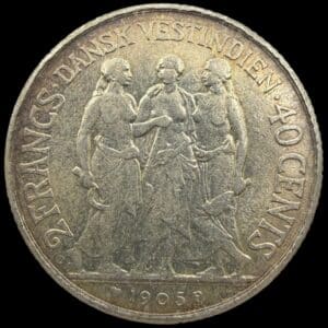 Dansk Vestindien, 40 cents / 2 Francs 1905, Chr.IX, Sieg 30, Hede 31, KM 80, Kva. 01-1+/1+