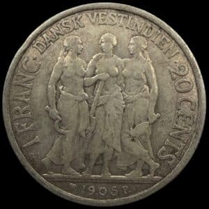 Dansk Vestindien, 20 cents / 1 Franc 1905, Chr.IX, Sieg 29, Hede 32, KM 79, Kva. 1+-1
