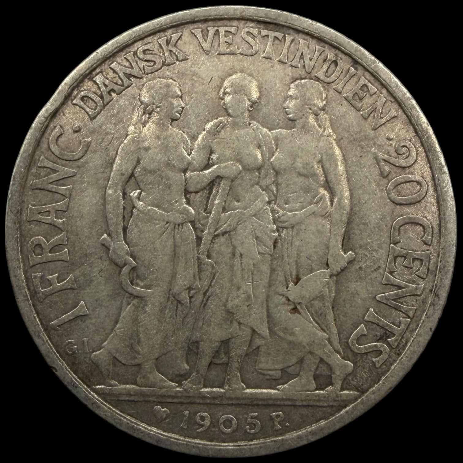 Dansk Vestindien, 20 cents / 1 Franc 1905, Chr.IX, Sieg 29, Hede 32, KM 79, Kva. 1+-1