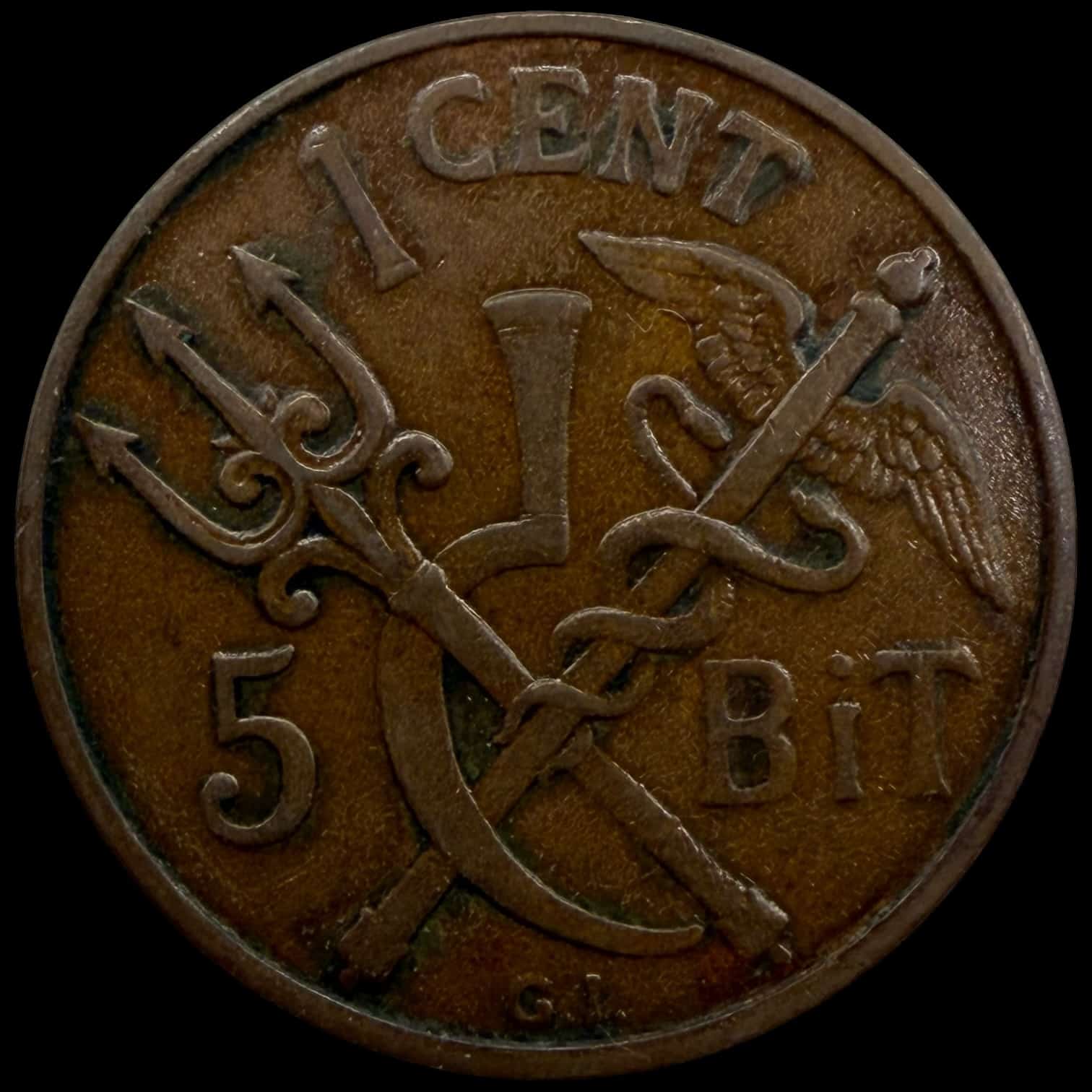Dansk Vestindien, 5 bit / 1 cent 1913, Chr.X, Sieg 35, Hede 40, KM 83, Kva. 1+ - Image 2