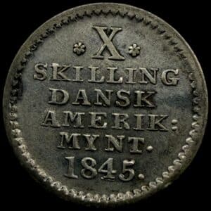 Dansk Vestindien, 10 skilling 1845, Sieg 12.2, Hede 14, KM 16, Kva. 01-1+