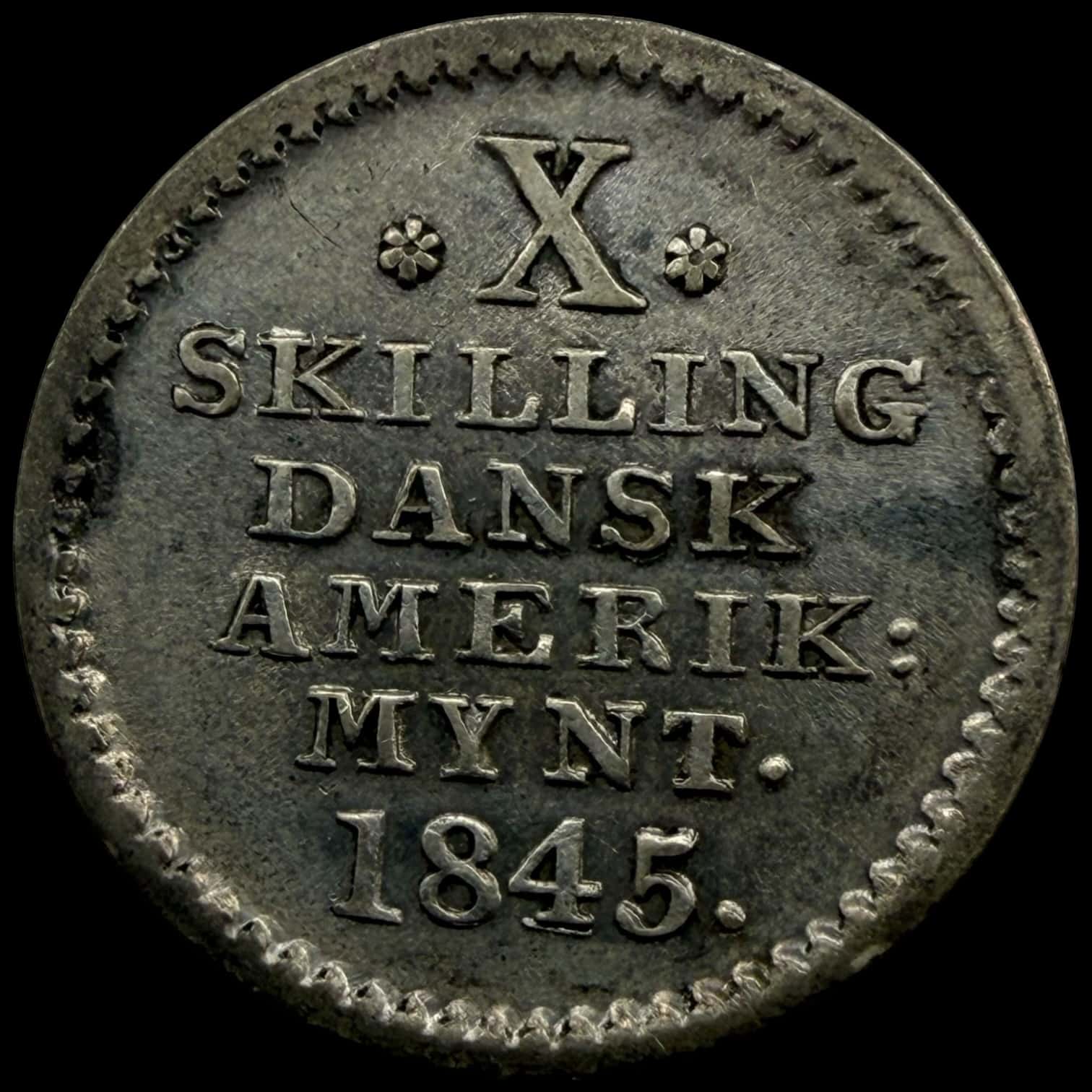 Dansk Vestindien, 10 skilling 1845, Sieg 12.2, Hede 14, KM 16, Kva. 01-1+