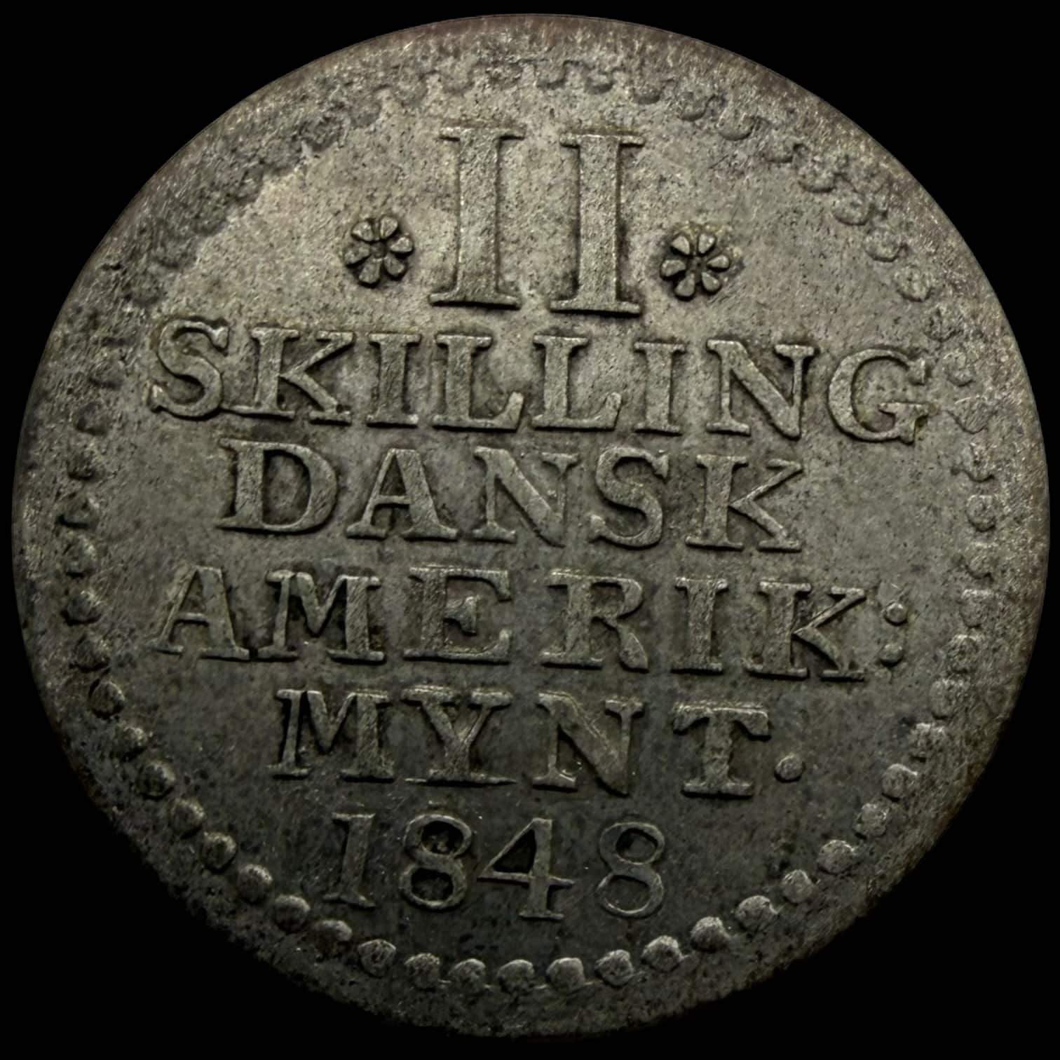 Dansk Vestindien, 2 skilling 1848, Sieg 11.3, Hede 18, KM 19, Kva. 01-1+