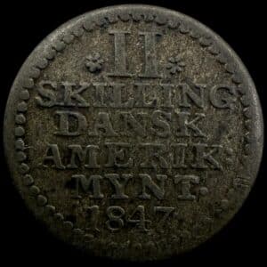 Dansk Vestindien, 2 skilling 1847, Sieg 11.2, Hede 15, KM 18, Kva. 1-1+