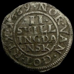 Norge, 2 skilling 1669, Fre.III, Sieg 2.5, Hede 70E, NM 230, Kva. 1-1+ let korr.